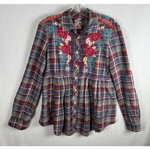 Johnny Was 3J Workshop Embroidered Floral Peacock Feather Plaid Shirt Size Small